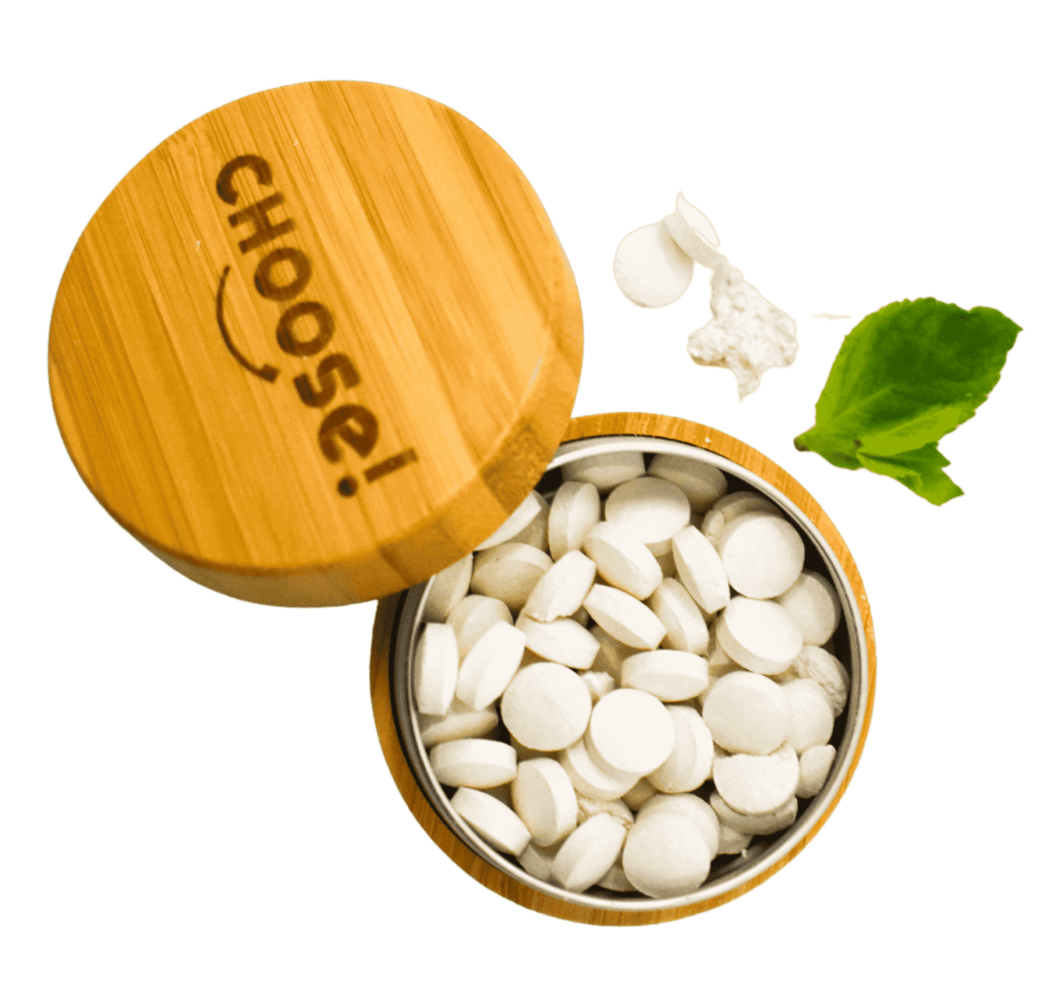 Choose toothpaste tablets in bamboo tray with mint leaves